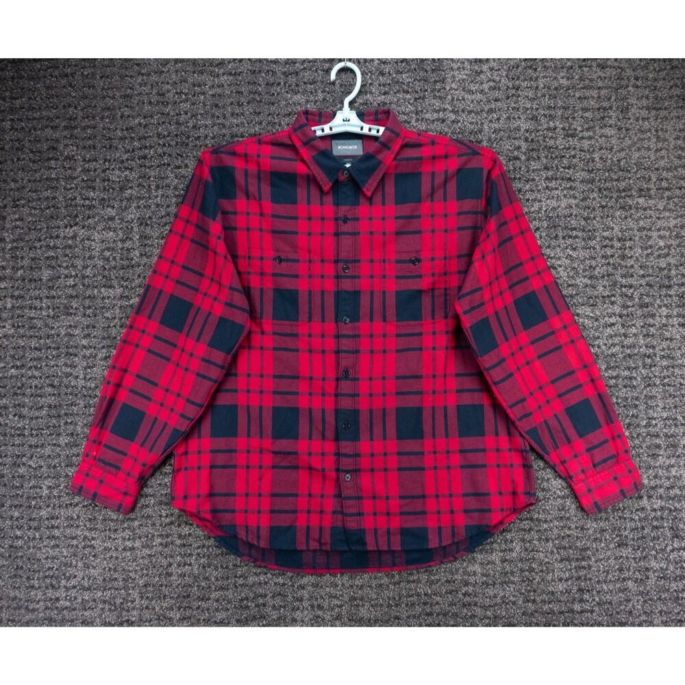 Bonobos Shirt Mens 2XL Red Blue Plaid Flannel Cotton Casual Outdoor Cabincore